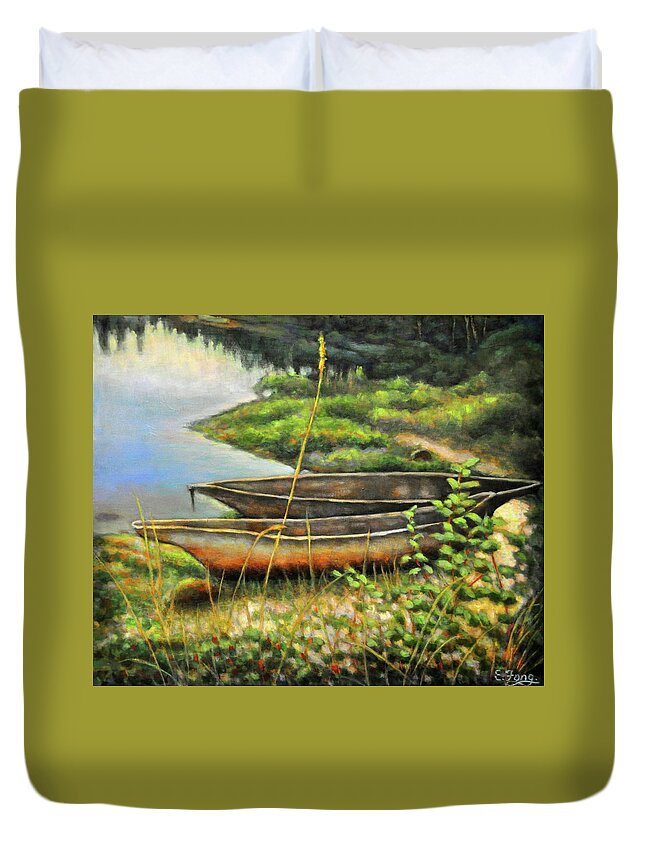 Old Canoes Duvet Cover featuring the painting Old Canoes at Rest by Eileen Fong