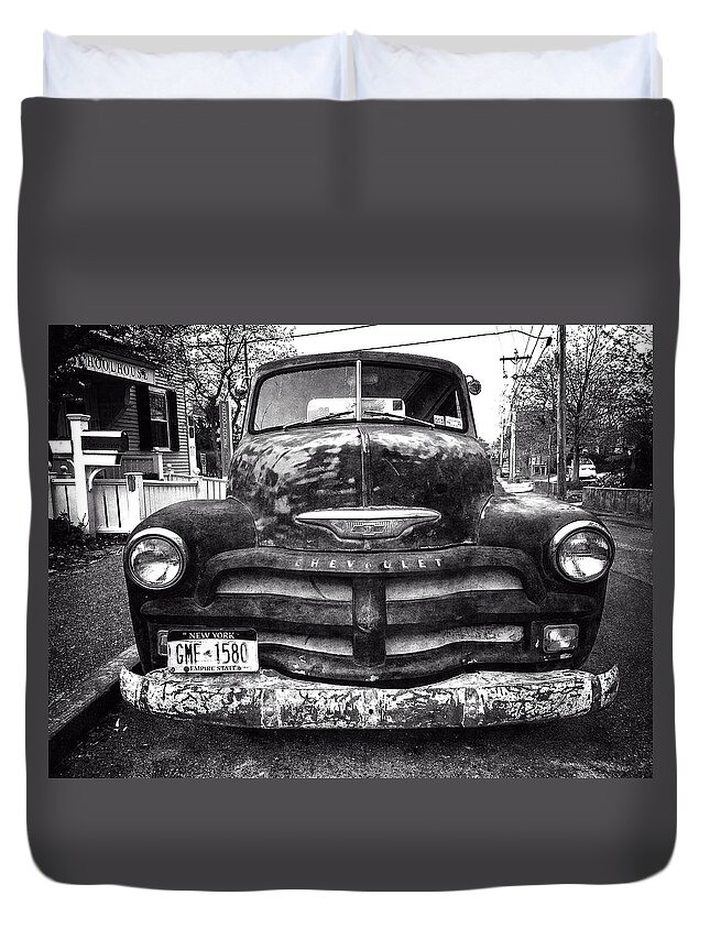 B&w Duvet Cover featuring the photograph Old Chevy 2 by Frank Winters