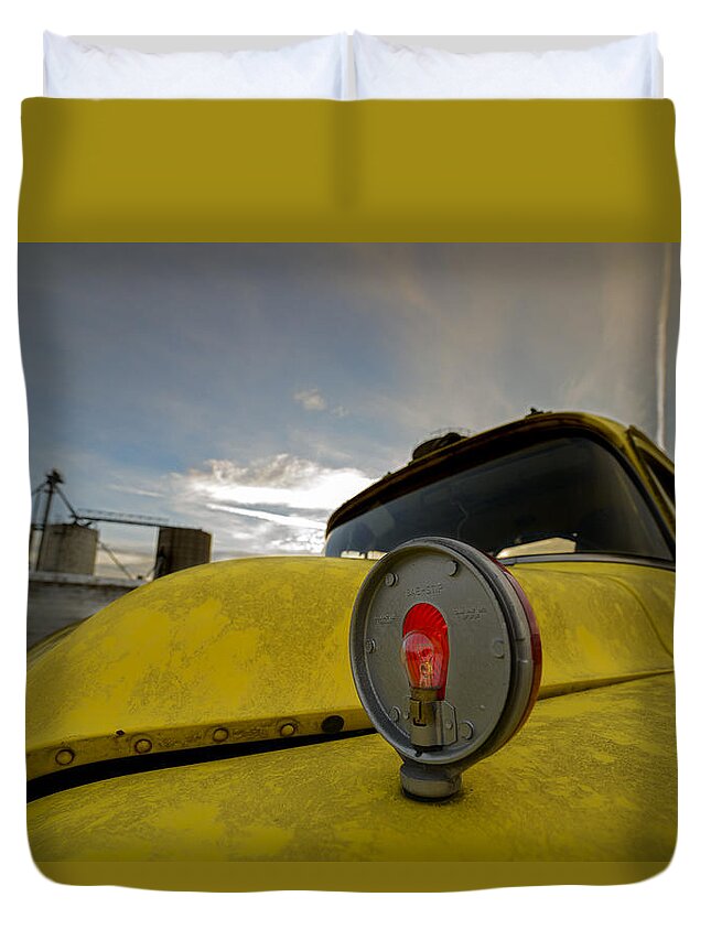 Chevy Duvet Cover featuring the photograph Old Chevy Truck with Grain Elevators in the Background by Art Whitton