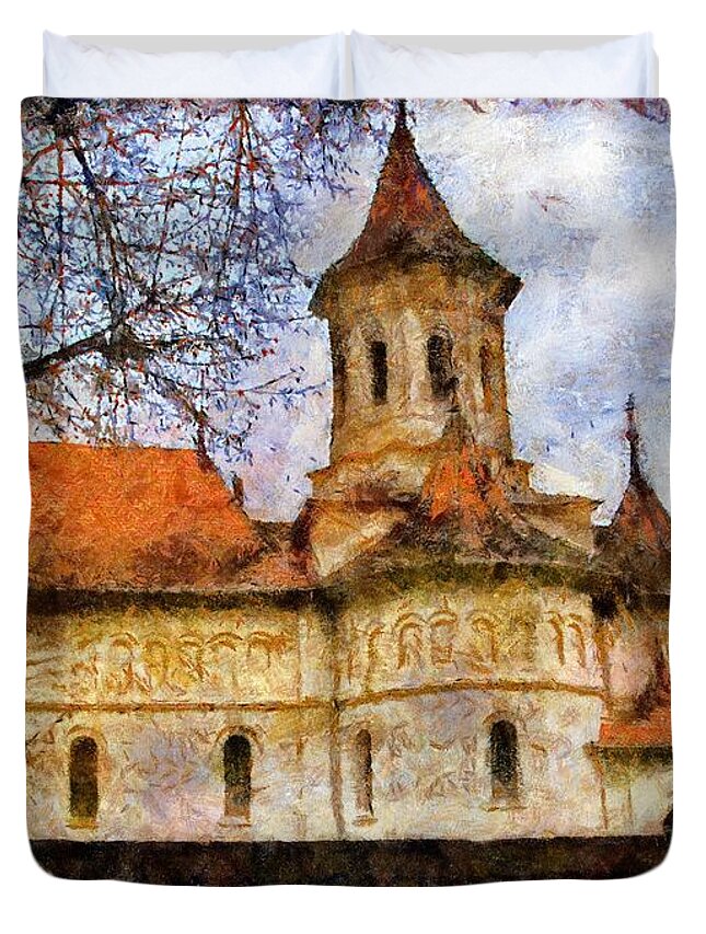 Romania Duvet Cover featuring the painting Old Church with Red Roof by Jeffrey Kolker