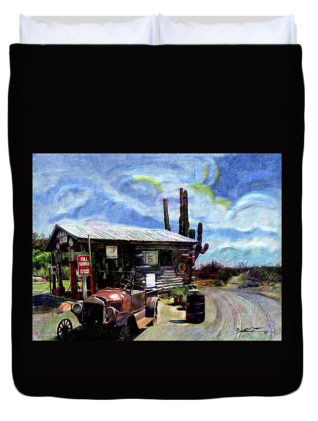 Desert Duvet Cover featuring the painting Old Desert Gas Station by Dale Turner