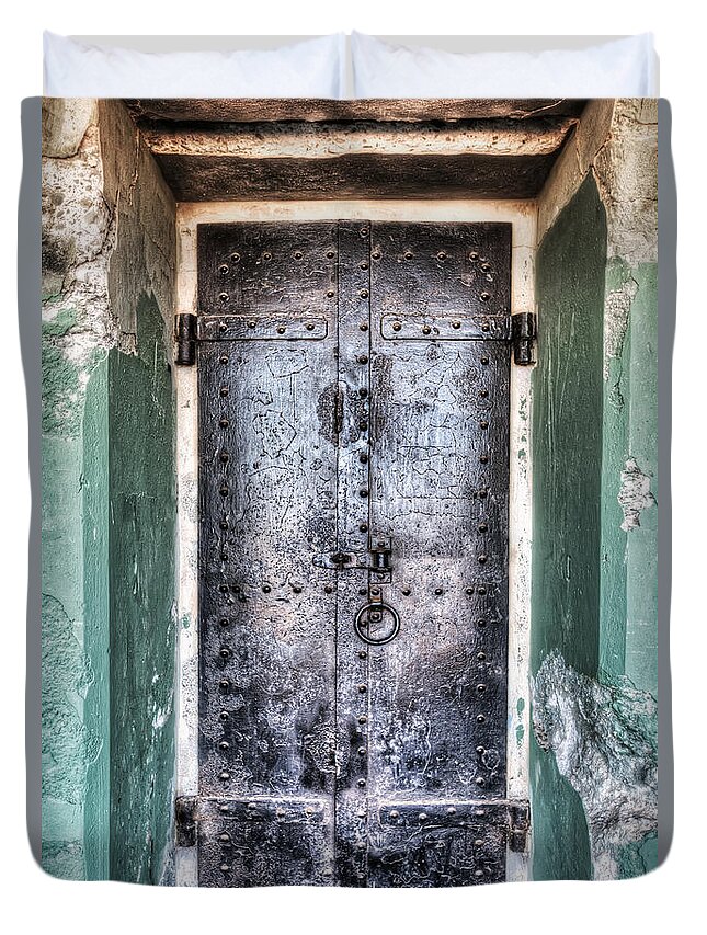 Door Duvet Cover featuring the photograph Old Door that Enters Battery Mendell at Fort Barry - California by Jennifer Rondinelli Reilly - Fine Art Photography