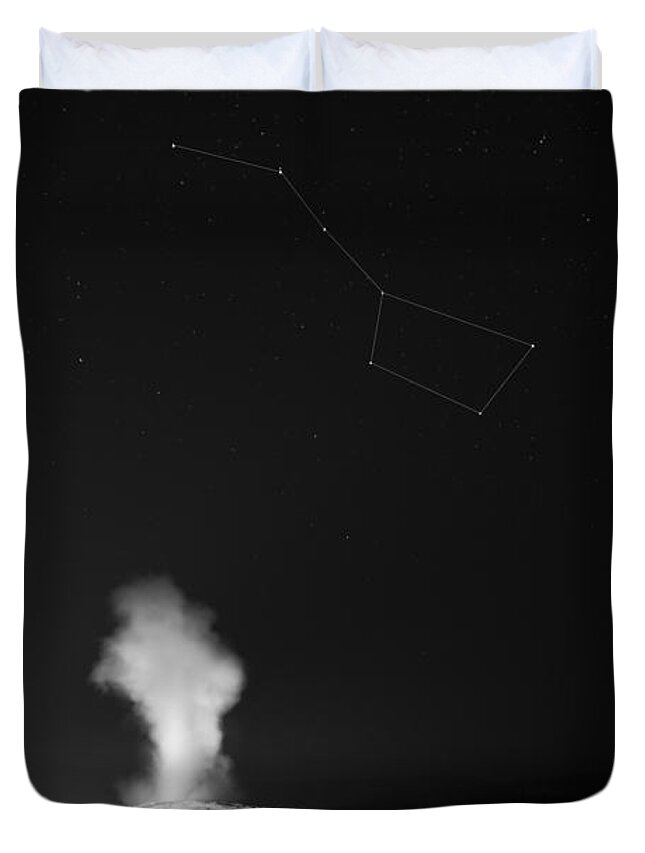 Old Faithful Duvet Cover featuring the photograph Old Faithful Night Eruption Under The Big Dipper BW by Michael Ver Sprill
