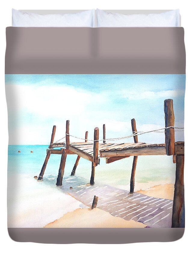 Pier Duvet Cover featuring the painting Old Fishing Pier Watercolor by Carlin Blahnik CarlinArtWatercolor