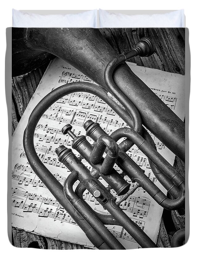 Tuba Duvet Cover featuring the photograph Old Horn And Sheet Music by Garry Gay