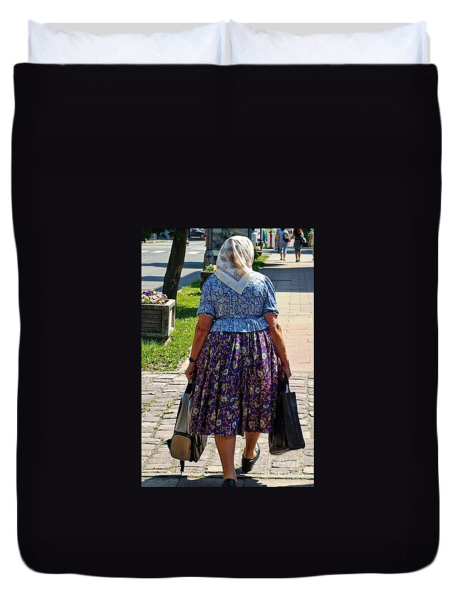Old Lady Duvet Cover featuring the photograph Old Lady Off to Work by Mariola Bitner