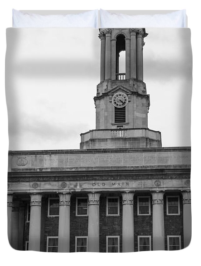 Penn State Duvet Cover featuring the photograph Old Main Penn State Black and White by John McGraw