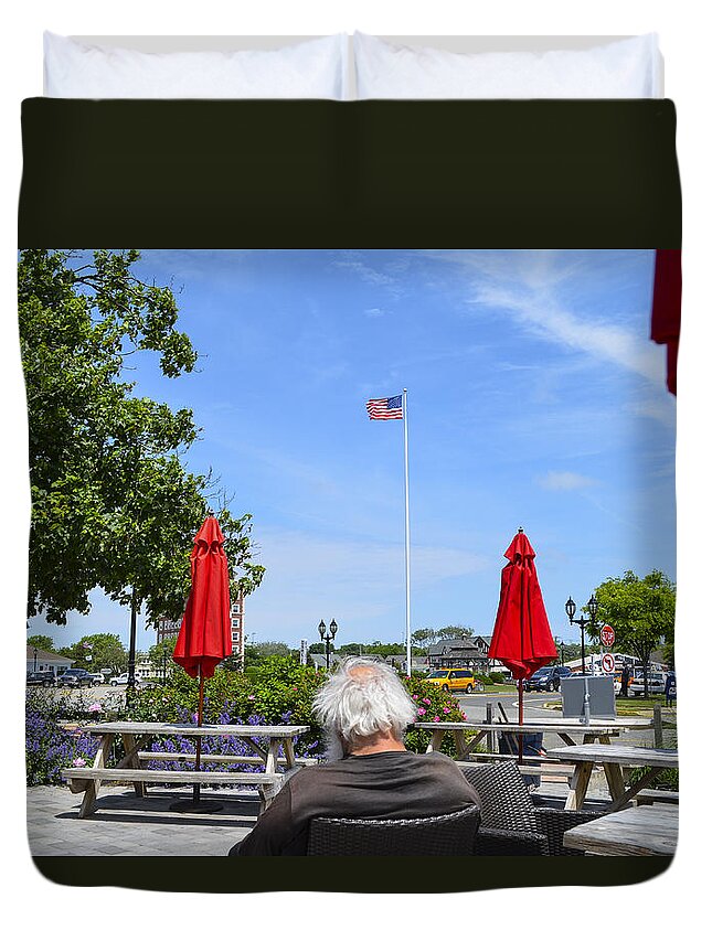 Old Man Duvet Cover featuring the photograph Old man and Flag - Full Frame by Erik Burg