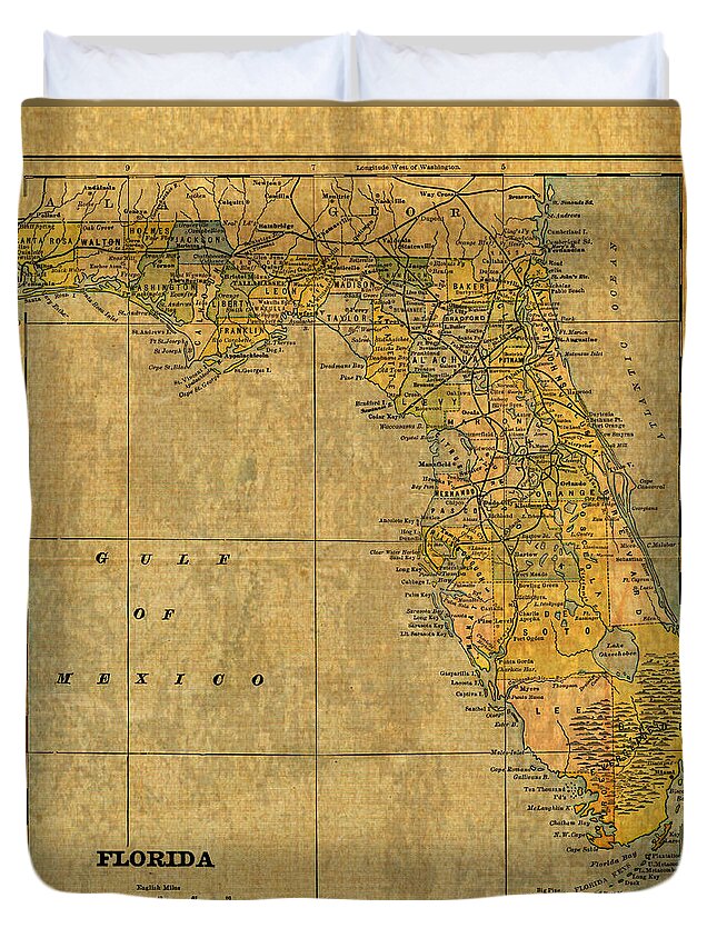 Old Duvet Cover featuring the mixed media Old Map of Florida Vintage Circa 1893 on Worn Distressed Parchment by Design Turnpike