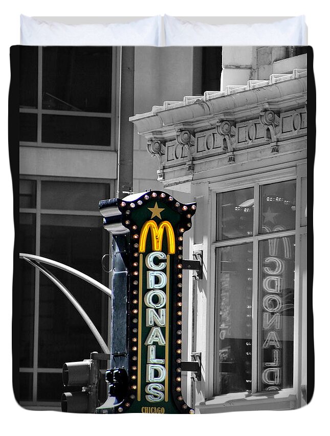 Mcdonalds Duvet Cover featuring the photograph Old McDonalds Sign in Downtown Chicago Selective Coloring by Colleen Cornelius