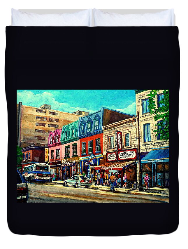 Old Montreal Schwartzs Deli Plateau Montreal City Scenes Duvet Cover featuring the painting Old Montreal Schwartzs Deli Plateau Montreal City Scenes by Carole Spandau