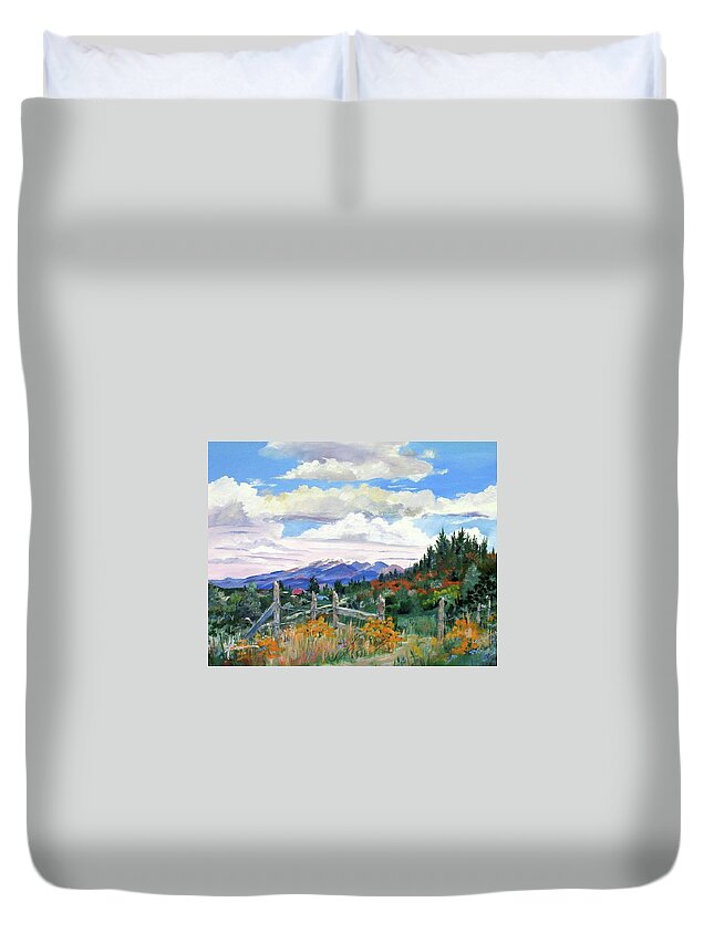 Mountains Duvet Cover featuring the painting Old North Fence-In Colorado by Adele Bower