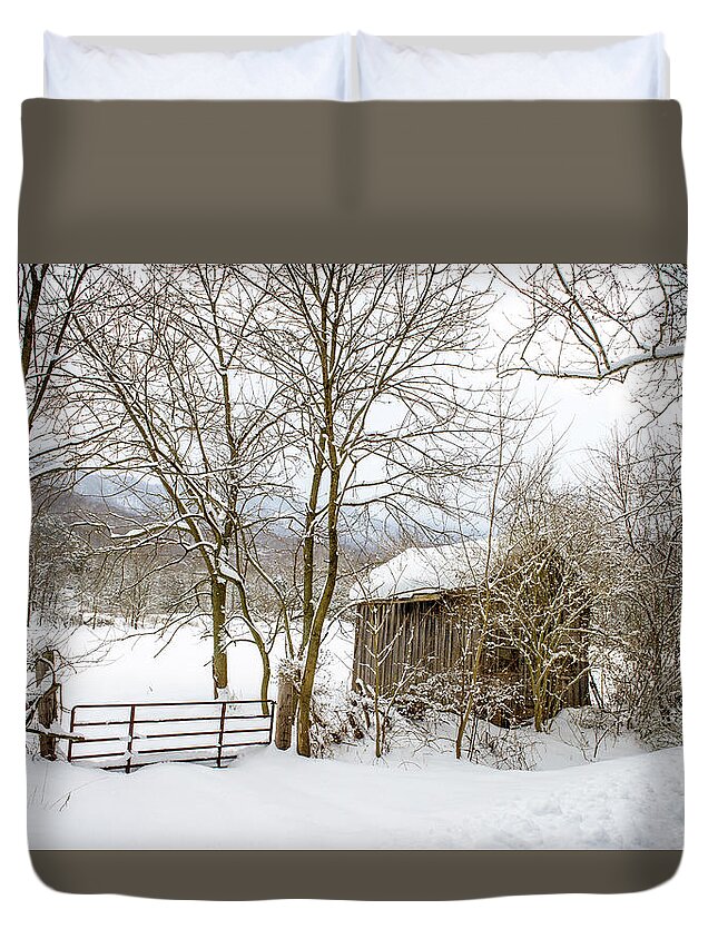 Landscape Duvet Cover featuring the photograph Old Post Office in Snow by Joe Shrader