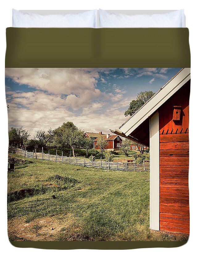 Farm Duvet Cover featuring the photograph Old Red Farm Set In A Rural Nature Landscape by Christian Lagereek