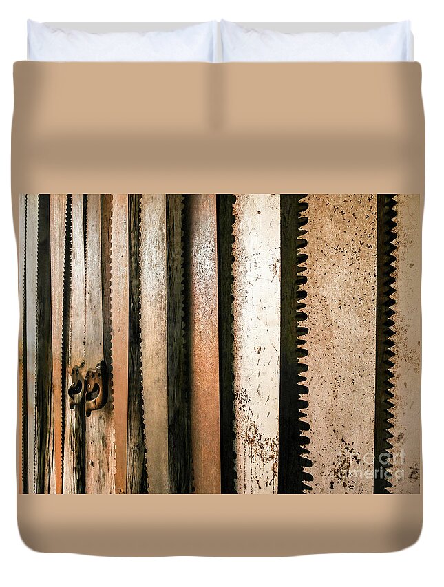 Retired Rusted Cross Saws Duvet Cover featuring the photograph Retired Rusted Saws by Lexa Harpell