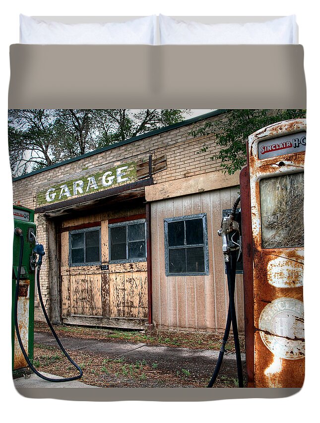 No People Duvet Cover featuring the photograph Old Service Station by Brett Pelletier