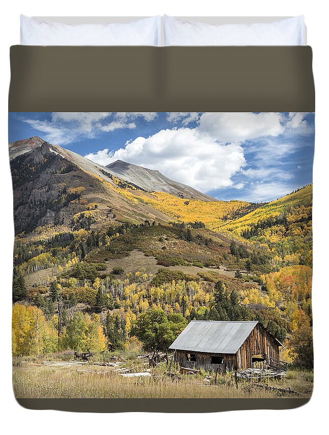 Autumn Duvet Cover featuring the photograph Old Shack and Equipment by Denise Bush