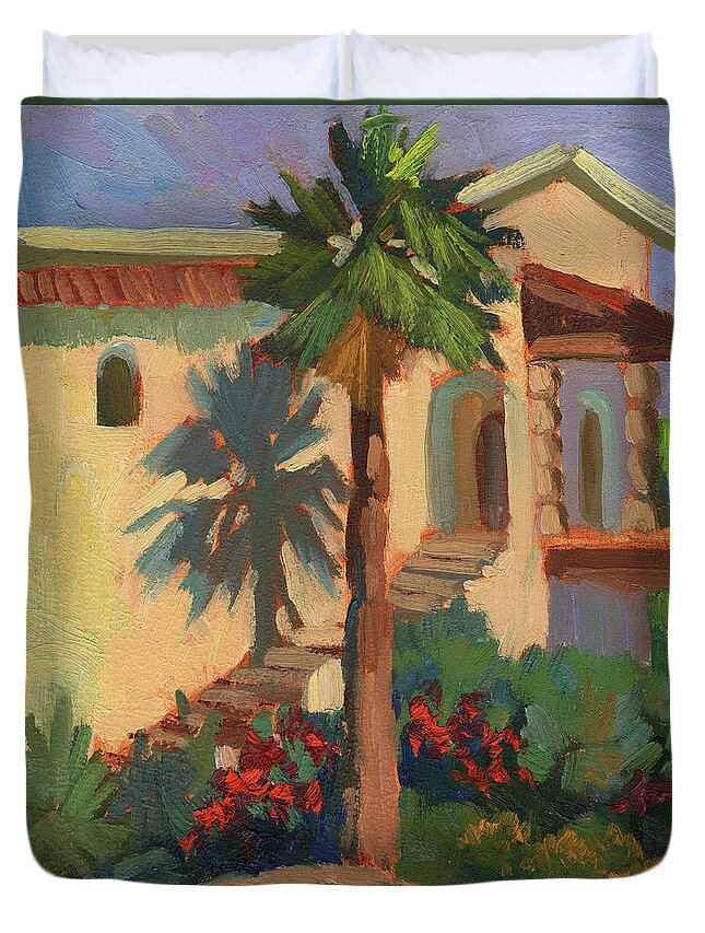 Old Town La Quinta Palm Tree Duvet Cover featuring the painting Old Town La Quinta Palm by Diane McClary