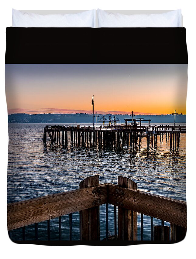 Rob Green Duvet Cover featuring the photograph Old Town Pier during Sunrise on Commencement Bay by Rob Green