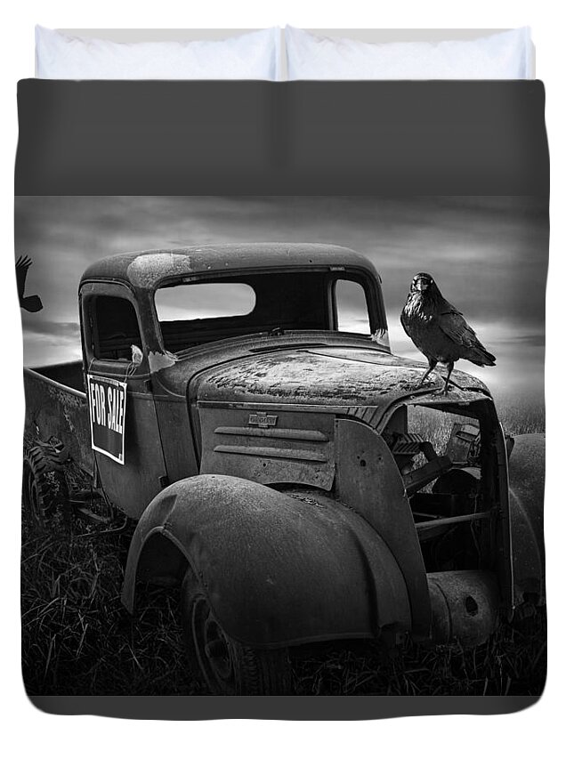 Vintage Duvet Cover featuring the photograph Old Vintage Chevy Pickup Truck with Ravens by Randall Nyhof