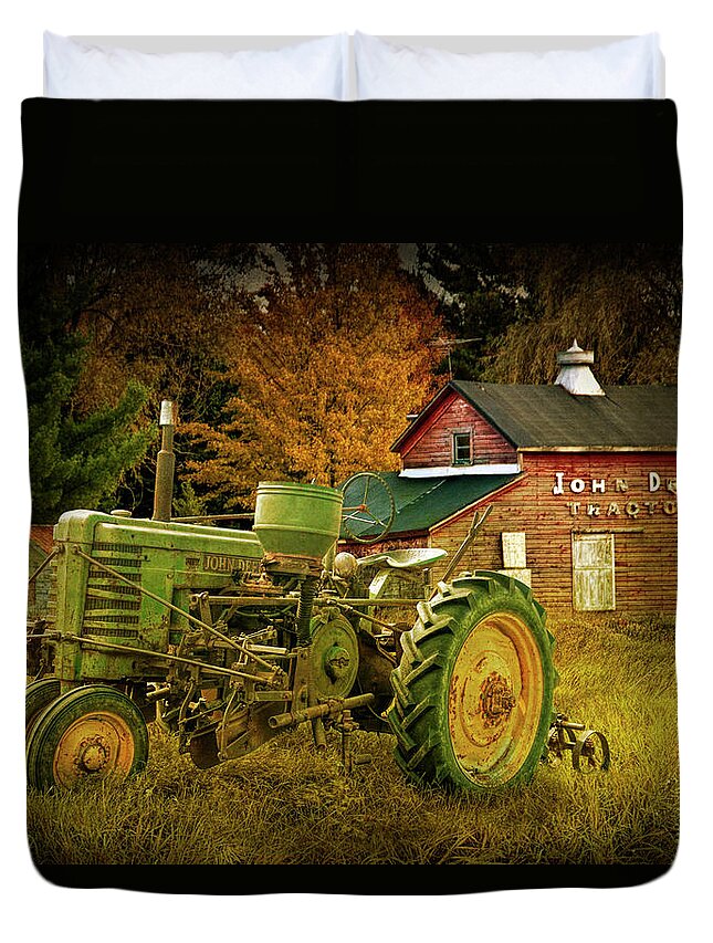 Farm Duvet Cover featuring the photograph Old Vintage John Deere Tractor with Retro Overlay by Randall Nyhof