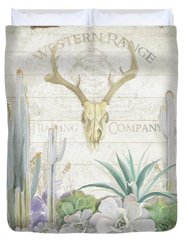 Deer Skull Duvet Cover featuring the painting Old West Cactus Garden w Deer Skull n Succulents over Wood by Audrey Jeanne Roberts
