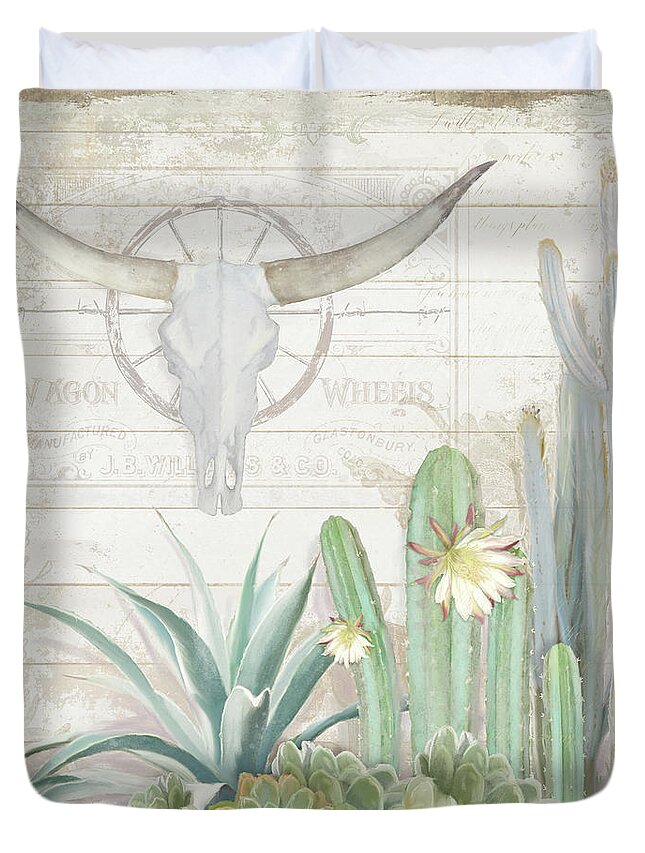 Longhorn Cow Skull Duvet Cover featuring the painting Old West Cactus Garden w Longhorn Cow Skull n Succulents over Wood by Audrey Jeanne Roberts