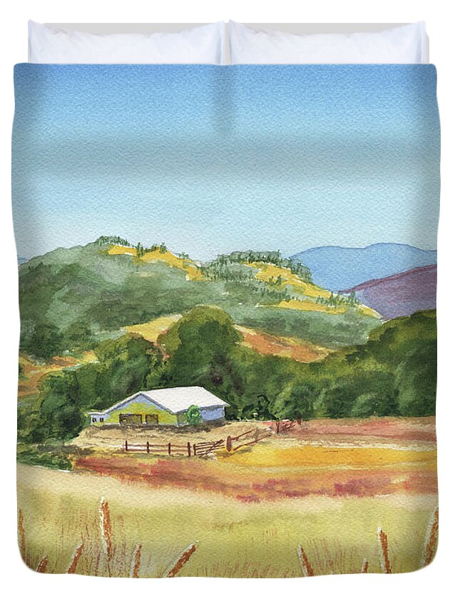 Barn Duvet Cover featuring the painting Old White Barn At Sonoma Mountains Ranch by Irina Sztukowski