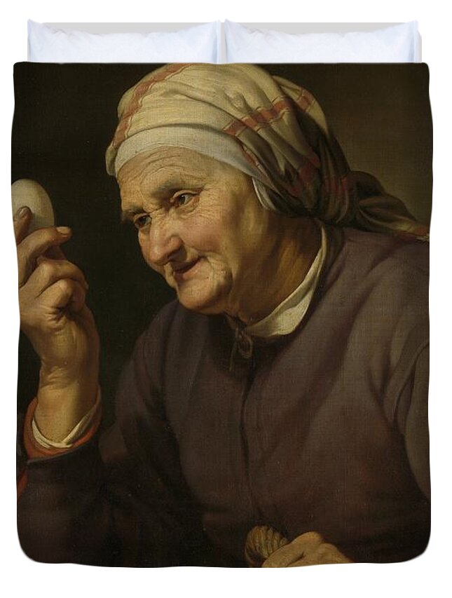 Old Woman Selling Eggs Duvet Cover featuring the painting Old Woman Selling Eggs by Vintage Collectables