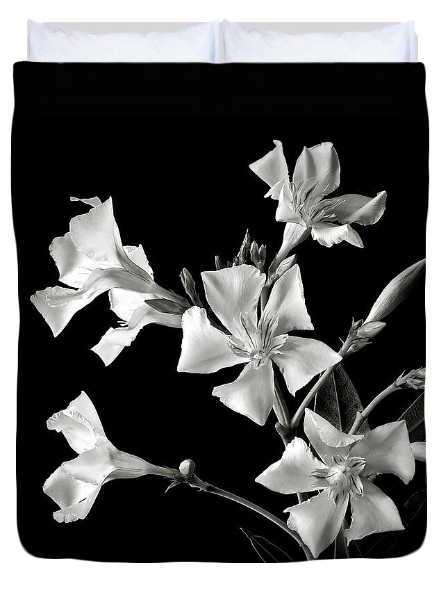 Flower Duvet Cover featuring the photograph Oleander in Black and White by Endre Balogh