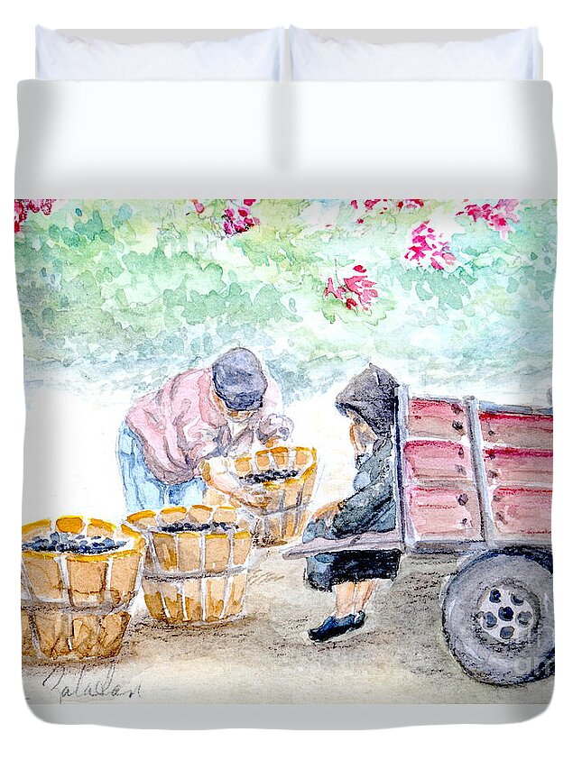 Harvest Duvet Cover featuring the painting Olive Pickers by Marilyn Zalatan