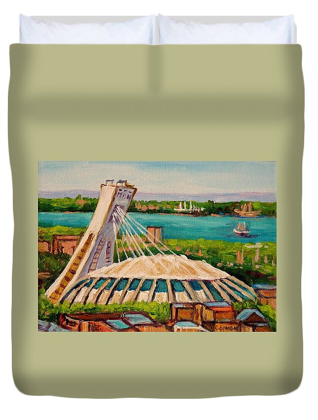The Olympic Stadium Duvet Cover featuring the painting Olympic Stadium Montreal by Carole Spandau