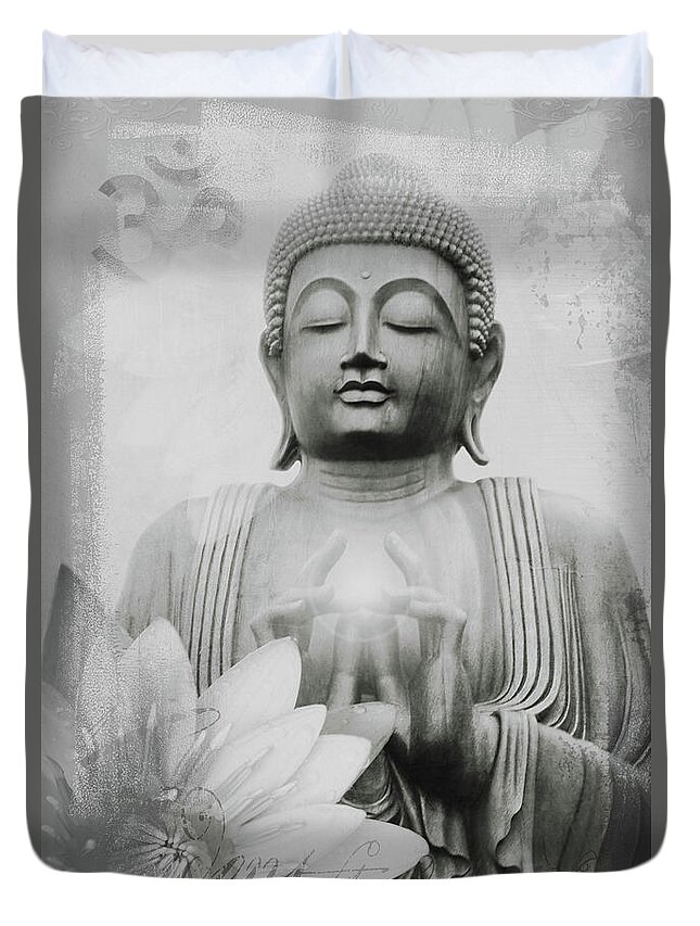 Altruistic Duvet Cover featuring the mixed media Om mani padme hum monochrome by Sharon Mau