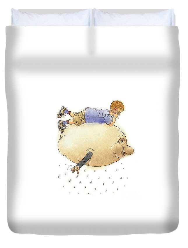 Clouds Sky Flying Boy White Blue Rain Duvet Cover featuring the painting On a Cloud by Kestutis Kasparavicius