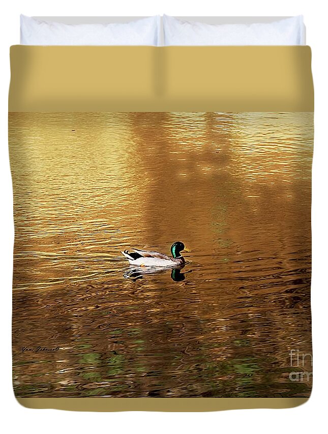 Mallard Duck Duvet Cover featuring the photograph On Golden Pond by Yumi Johnson