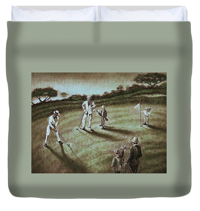 Men At Golf Around 1920. Duvet Cover featuring the painting On the Green by Raffi Jacobian