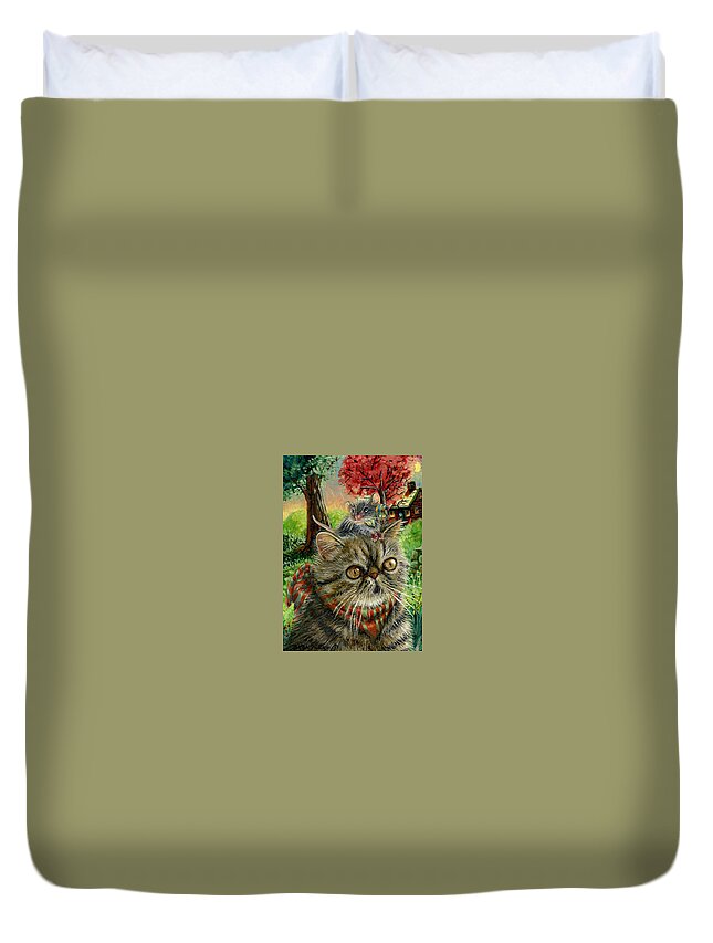 Cat Duvet Cover featuring the painting On The Hunt For Fun Stuff by Jacquelin L Vanderwood Westerman