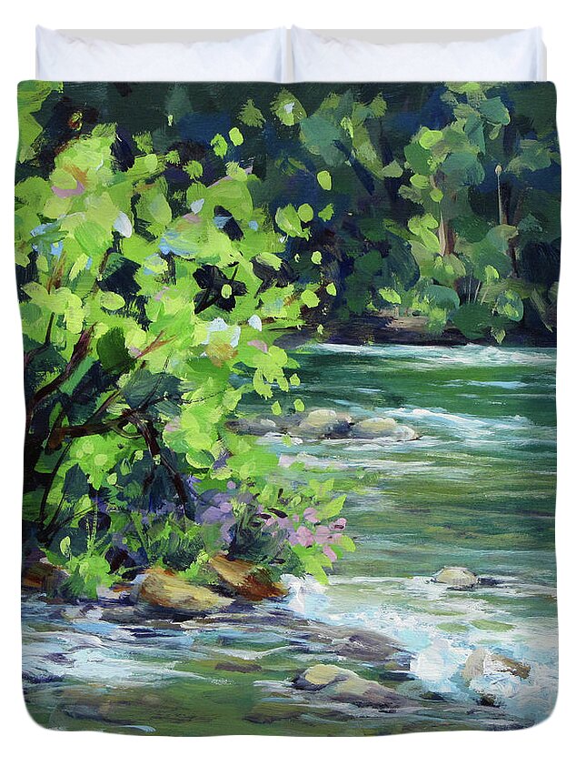 River Duvet Cover featuring the painting On the River by Karen Ilari