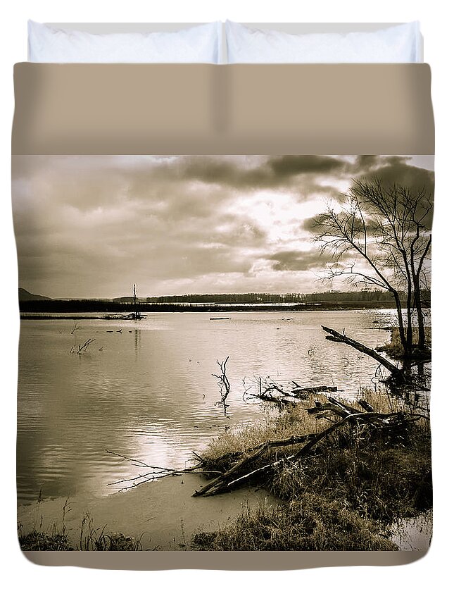 December Duvet Cover featuring the photograph On the Shore of the Mississippi River by Joni Eskridge