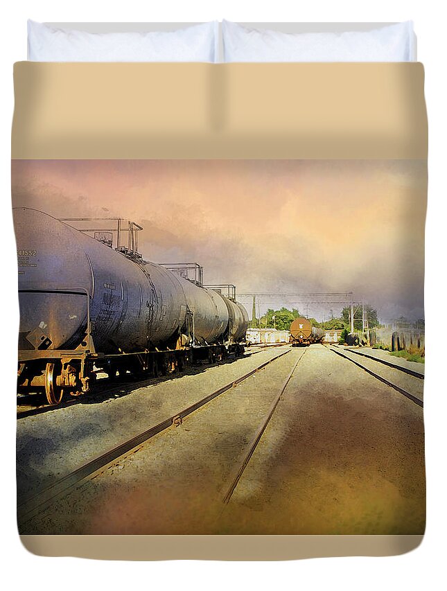 Train Duvet Cover featuring the digital art On the Track by Terry Davis