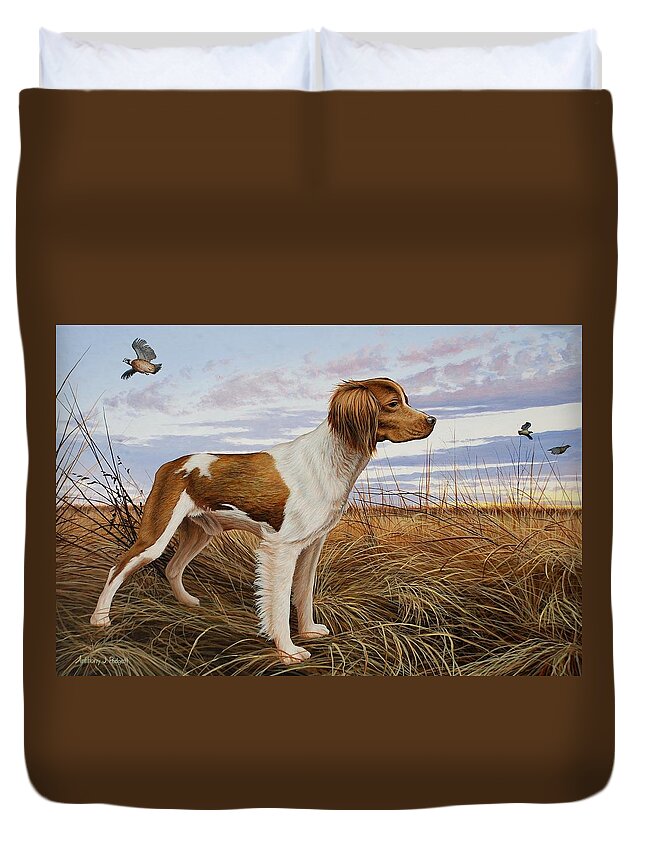 Brittany Duvet Cover featuring the painting On Watch - Brittany Spaniel by Anthony J Padgett