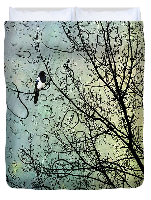 Nursery Duvet Cover featuring the digital art One for Sorrow by John Edwards