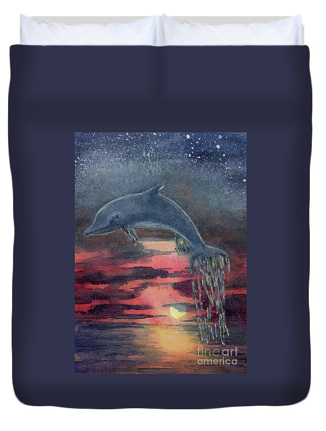 Dolphin Duvet Cover featuring the painting One Last Jump by Randy Sprout