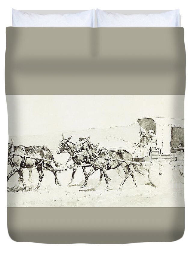 Pioneer Duvet Cover featuring the drawing One of Williamson's Stages by Frederic Remington