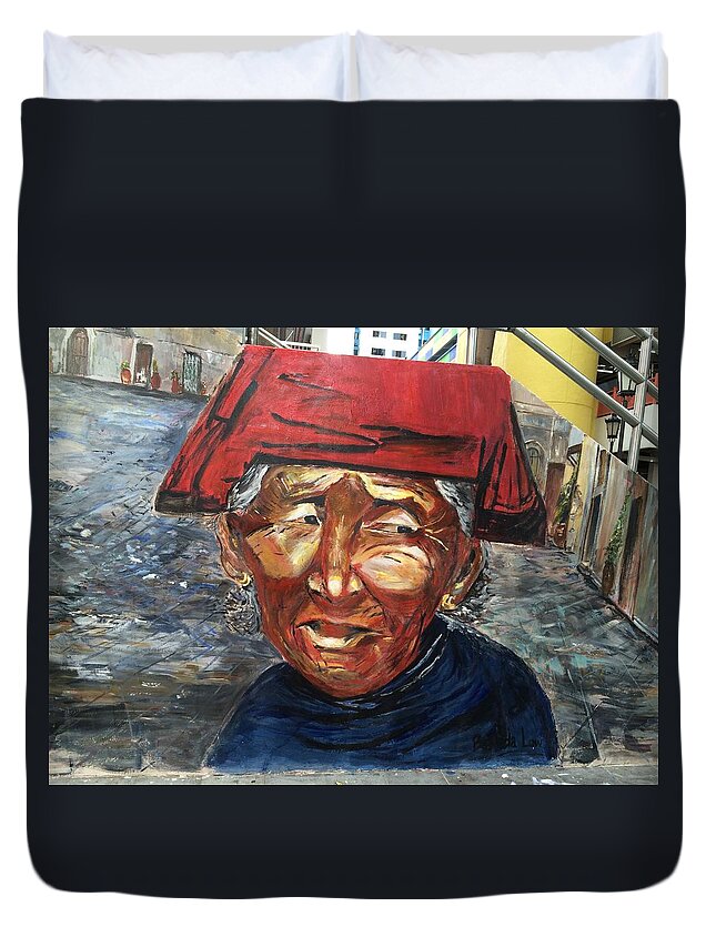 Samsui Duvet Cover featuring the painting One Tough Lady II by Belinda Low