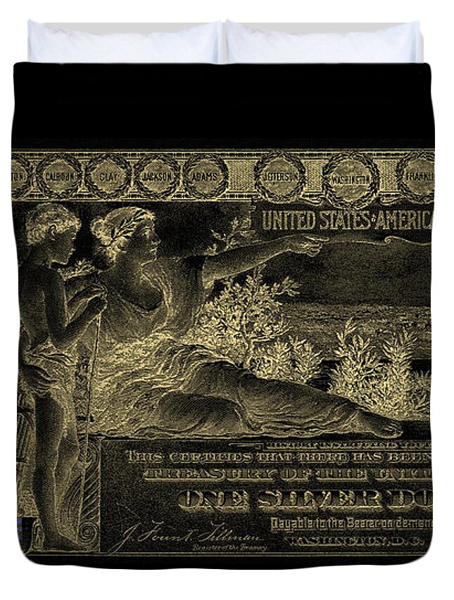 'paper Currency' By Serge Averbukh Duvet Cover featuring the digital art One U.S. Dollar Bill - 1896 Educational Series in Gold on Black by Serge Averbukh