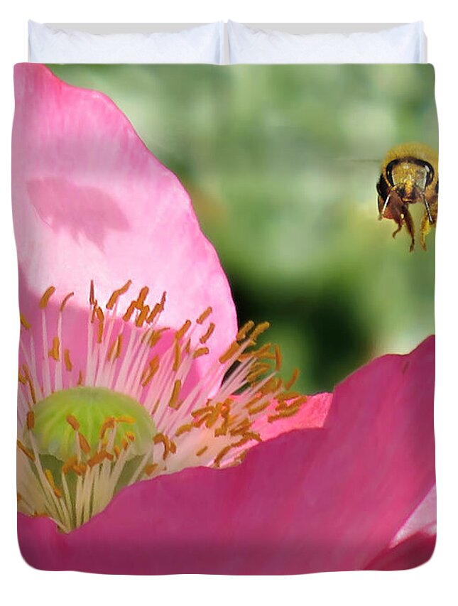 Bee Duvet Cover featuring the photograph One With the Bee by Jennie Breeze