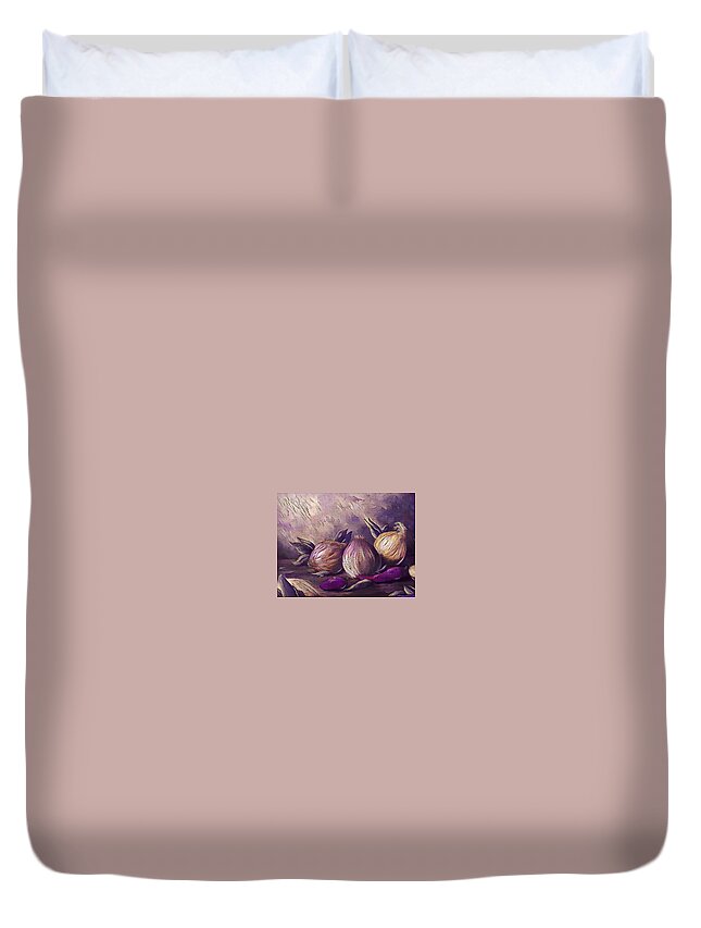 Still Life Duvet Cover featuring the painting Onions and peppers digital by Megan Walsh