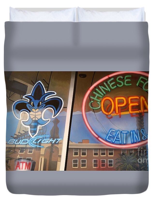 Cityscape Chinese Food Open Window Reflection New Orleans Duvet Cover featuring the painting Open by Dan Remmel