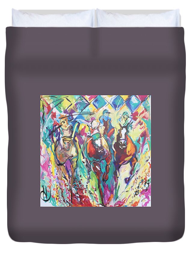Race Horse Horses Animal Duvet Cover featuring the painting Opening Day in Del Mar by Heather Roddy
